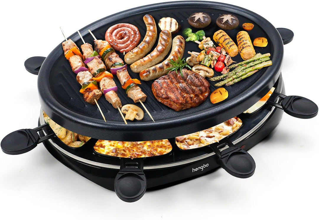 Raclette 8 Personen - Raclette Grill mit 8 Raclette Pfännchen und 2 Holzspateln Antihaftbeschichtung