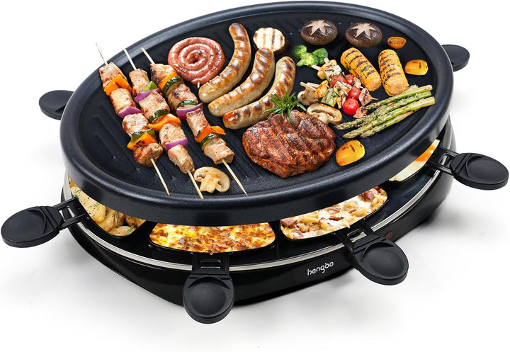 Raclette 8 Personen - Raclette Grill mit 8 Raclette Pfännchen und 2 Holzspateln Antihaftbeschichtung