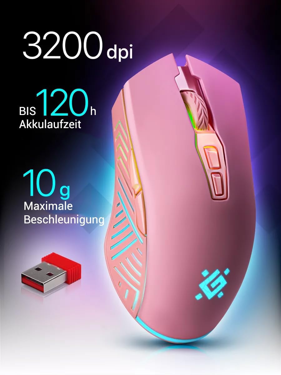 Defender® Pandora Kabellose Gaming Maus - Geräuschlose Klicks - 5 programmierbare Tasten - RGB-Beleu
