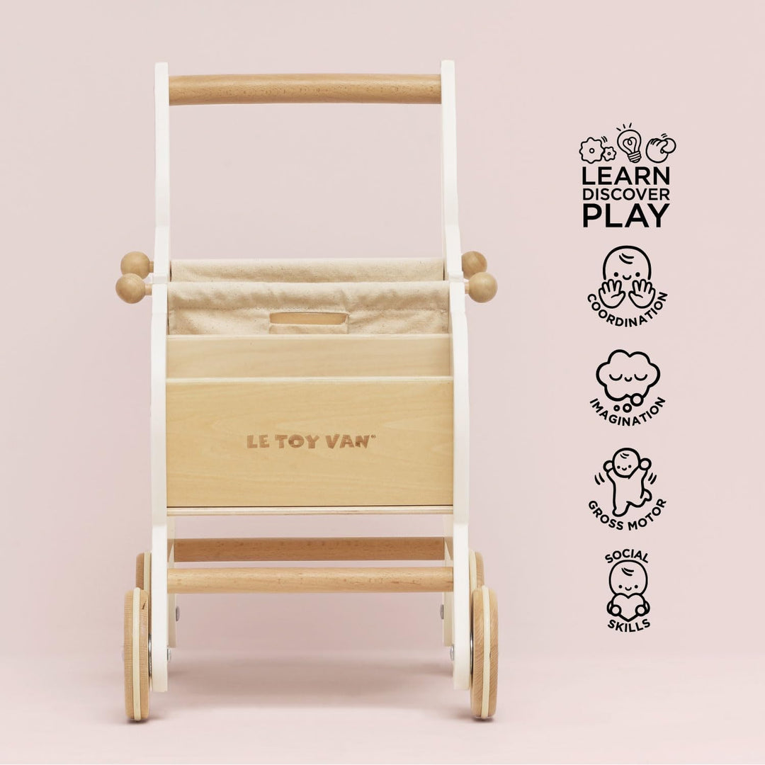 Le Toy Van – Honeybake Einkaufswagen aus Holz mit abnehmbarer Tasche | Supermarkt-Rollenspiel Lebens