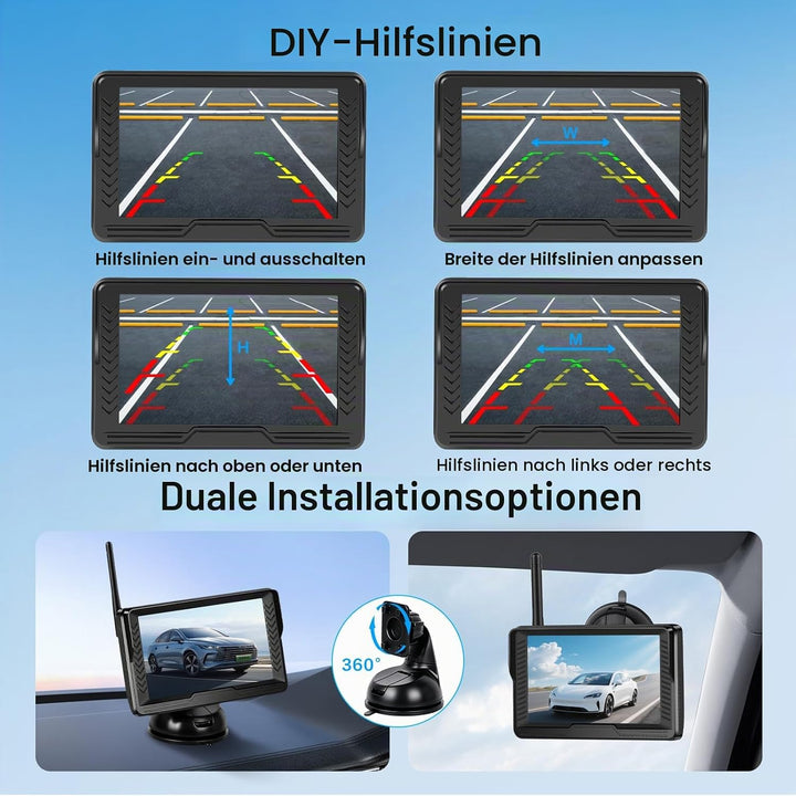 Hikity 5 Zoll AHD IPS Display, Kabelloses Rückfahrkameraset für Zahlreiche Fahrzeugmodelle, wasserdi