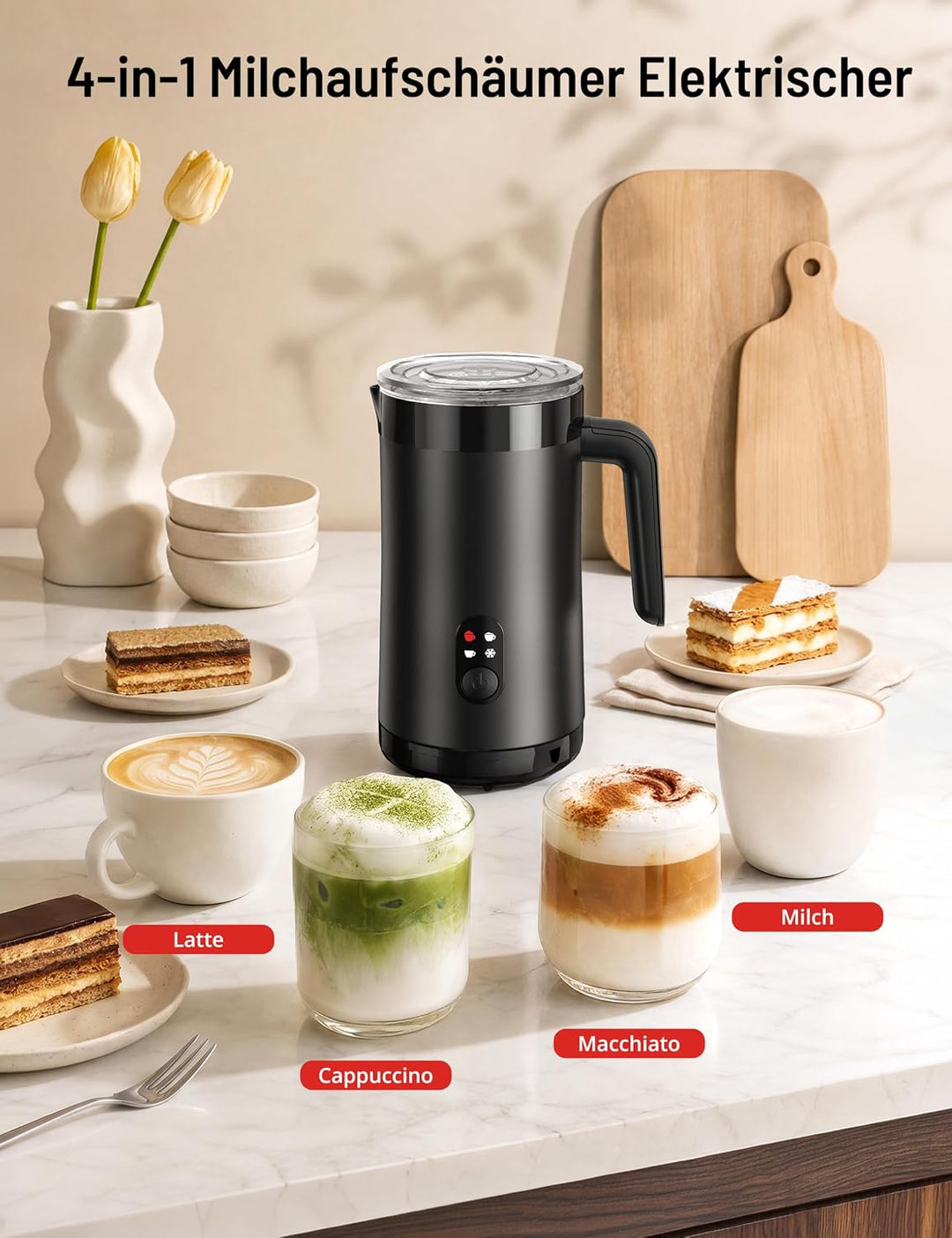 PARIS RHÔNE Milchaufschäumer Elektrisch 400ml, 4-in-1 Milchschäumer Kalt- & Heissschaum für Latte, C