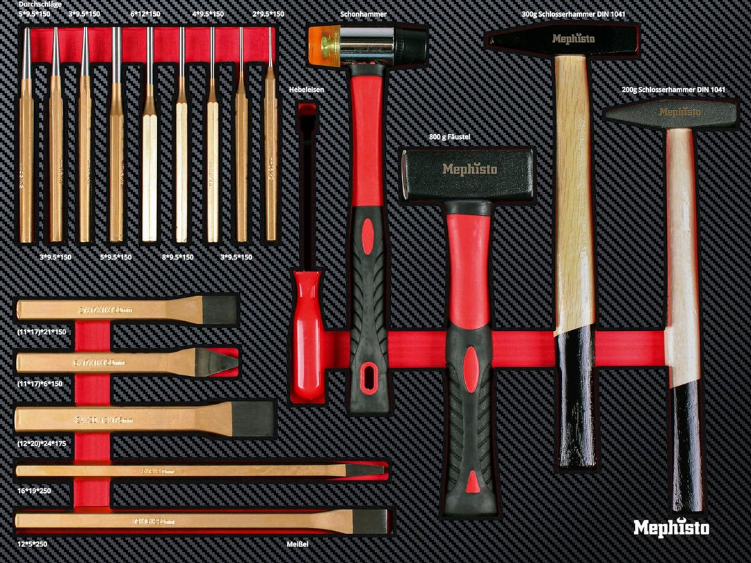 Mephisto Werkzeugeinlage Werkzeug Set Pro Line Werkstattwageneinlage Hammer- Set mit Hammer, Hebelei