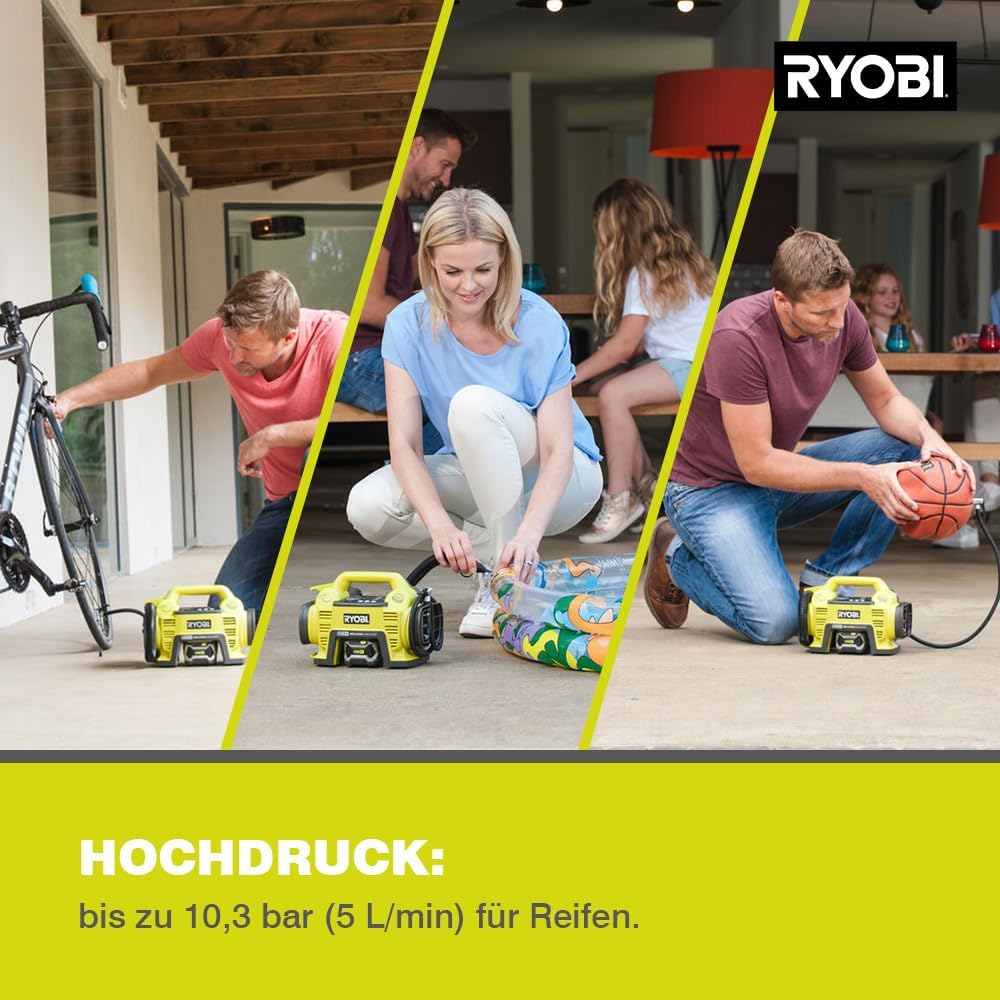 RYOBI 18 V ONE+ Akku-Multikompressor R18I-1C20GZL (max. Druck 10,3 bar, 2:1 Hochdruck-Inflationsdruc