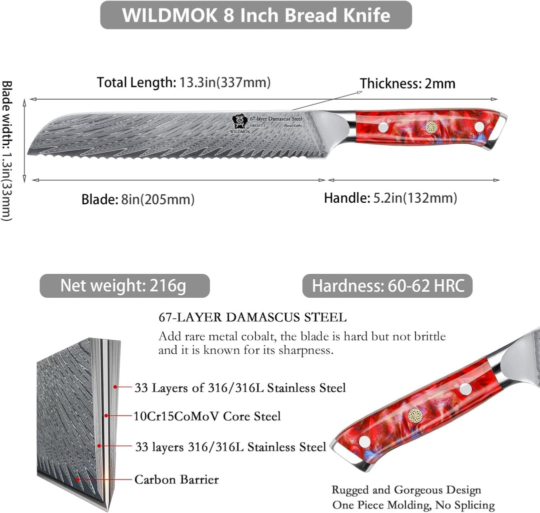 WILDMOK Brotmesser mit Wellenschliff 20cm, Brotmesser aus Damaststahl, 67 lagiger japanischer, Brotm