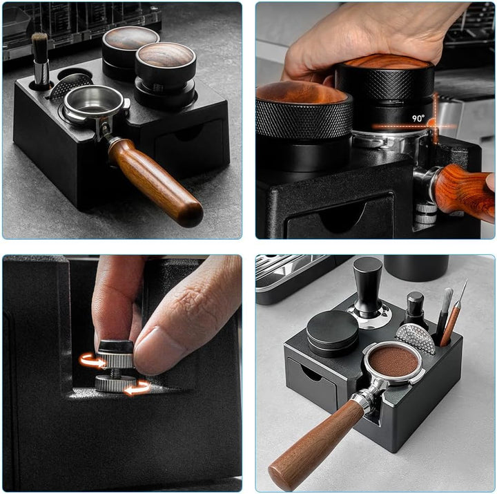 Tamperstation für Barista(51-58mm), Tamping Station aus ABS, Einstellbar Coffee Schwarz Tamper Stati