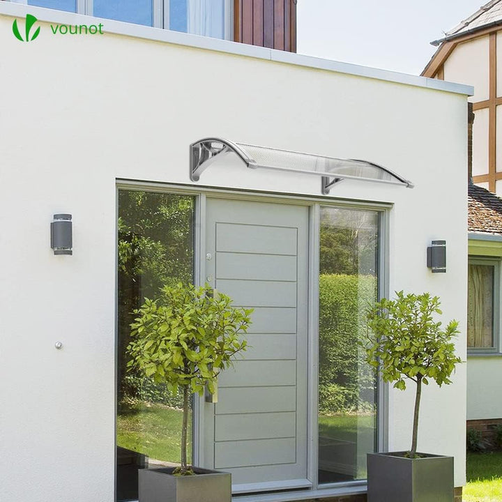 VOUNOT Vordach für Haustür 100 x 80 cm, Überdachung Haustür aus Aluminium und Polycarbonat, Transpar
