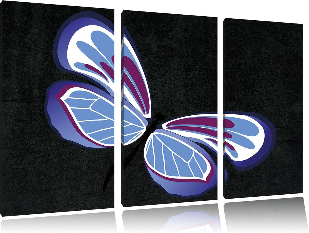 Pixxprint Hübscher lila-Blauer Schmetterling schwarz 3-Teiler Leinwandbild 120x80 Bild auf Leinwand