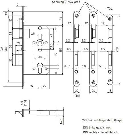 BMH Einsteckschloss 2 PZW mit Profilzylinder-Lochung - Dornmass 55mm, Stulp 20mm rund, Silberfarbig,