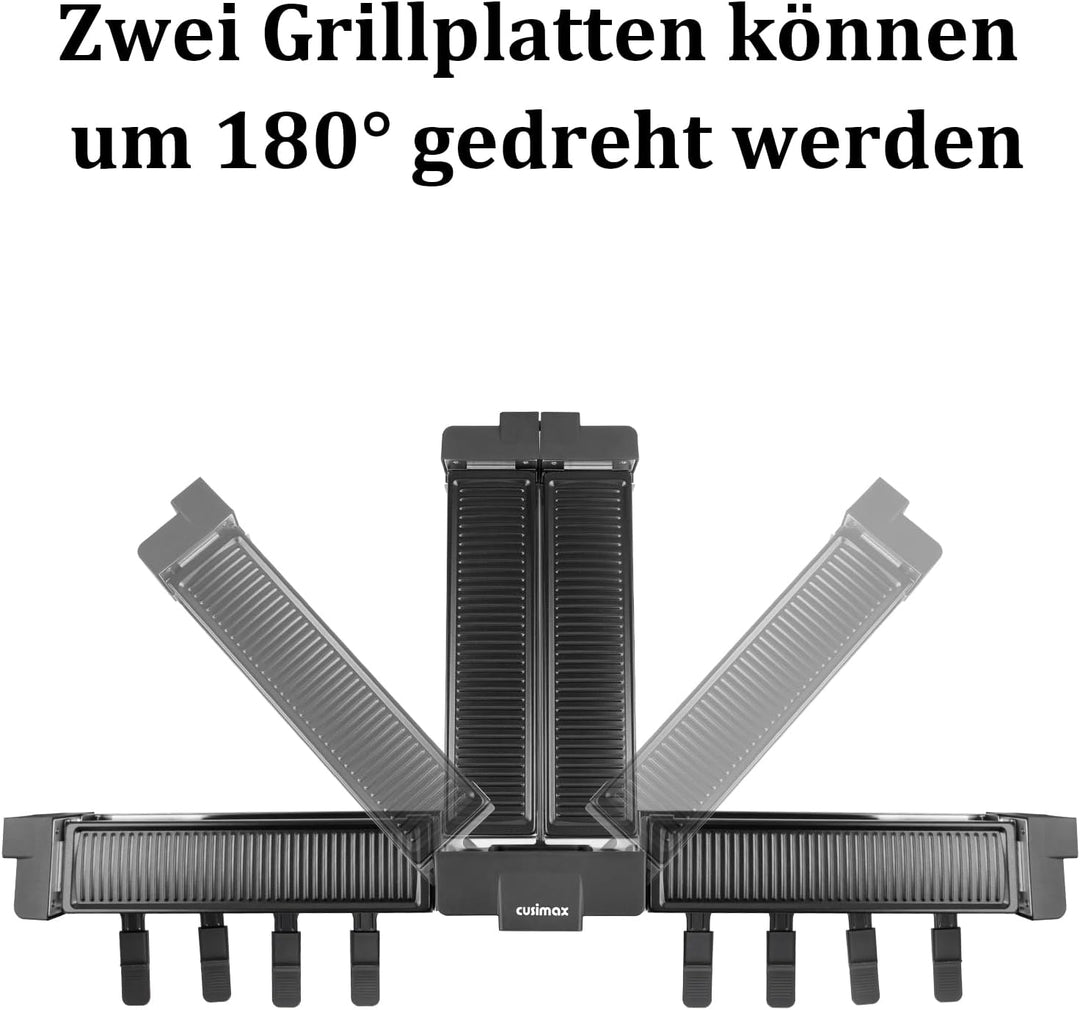 CUSIMAX Raclette Grill, Drehbarer Raclette mit 2 Separaten Grillplatten, 1400W Raclette für 8 Person