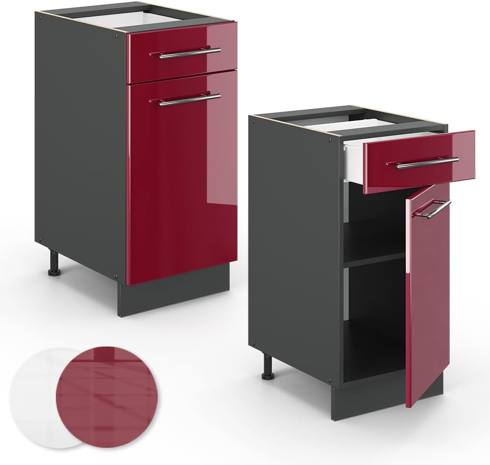 Vicco Küchenunterschrank Fame-Line, Bordeaux Hochglanz/Anthrazit, 40 cm ohne Arbeitsplatte Bordeaux