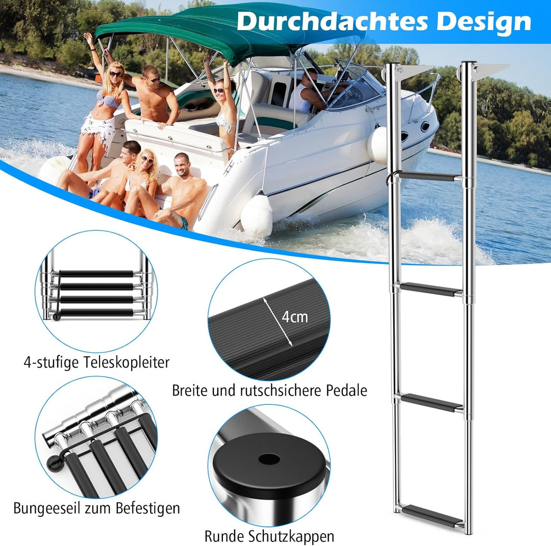 GOPLUS Poolleiter Edelstahl, Bootleiter klappbar mit 4 Stufen und Antirutschpads, Schwimmbadleiter T