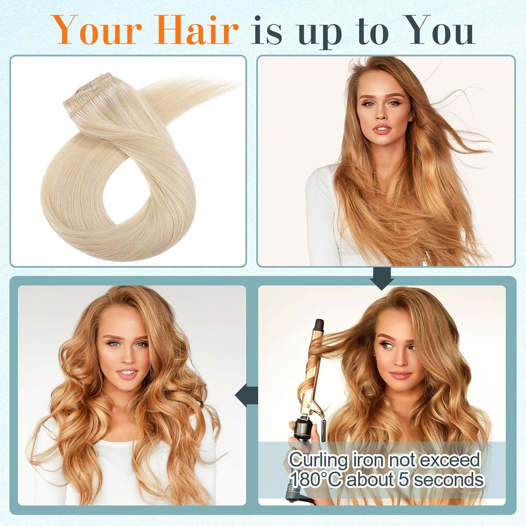 Benehair Clip in Extensions Echthaar, 8 Stück 100% Echtes Haar Extension 70g, Platinblond Haarverlän