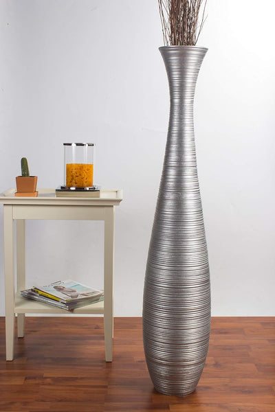 Leewadee Grosse Bodenvase für Dekozweige hohe Standvase Design Holzvase, Holz, 110 cm, Silber 110 cm