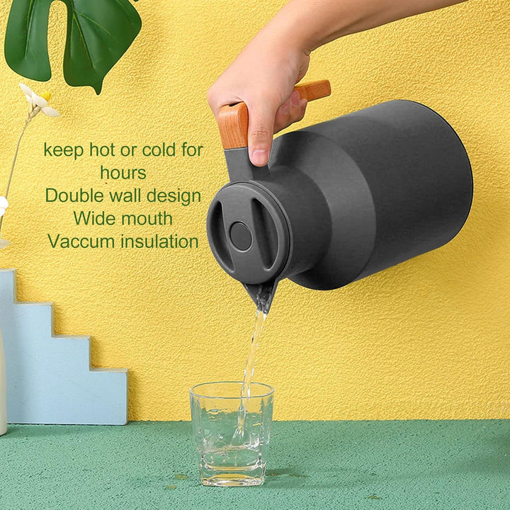 1 L Kaffee Isolierkanne, Kaffee Thermokanne mit Deckel und Holzgriff, Doppelwandige Vakuum Wärmespei