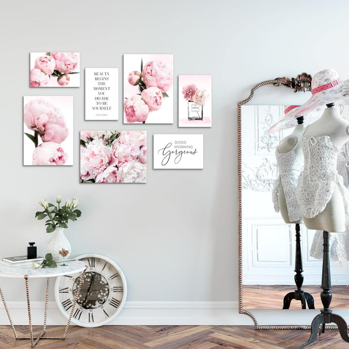 Novart Wandbilder Fashion Blumen - KOMPLETT AUFHÄNGFERTIG - Rosa Wohnzimmer Mädchen Teenager- 7 Mode