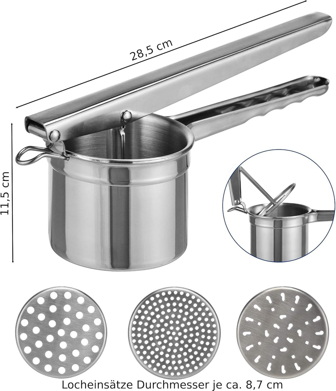 Gravidus Edelstahl Kartoffelpresse Spätzlepresse mit 3 auswechselbaren Locheinsätzen