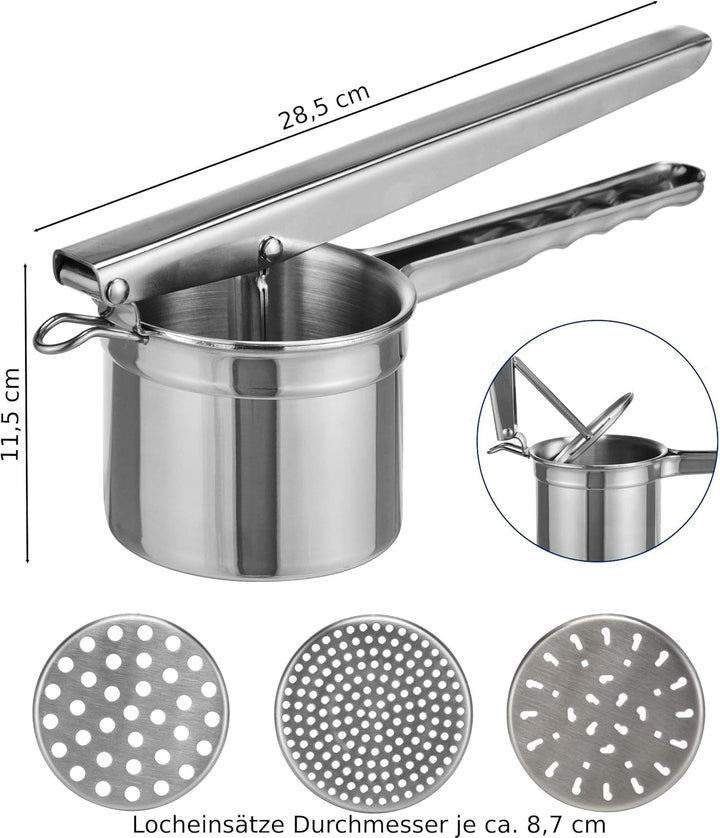 Gravidus Edelstahl Kartoffelpresse Spätzlepresse mit 3 auswechselbaren Locheinsätzen