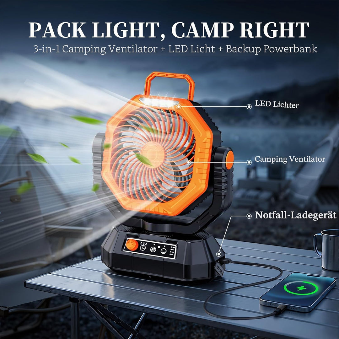 VTHW Camping Ventilator, 20000mAh Wiederaufladbarer Ventilator mit LED Licht & Haken, 270° Drehung,