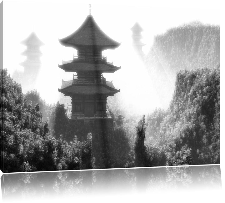 Pixxprint chinesische Häuser Kunst B&W als Leinwandbild/Grösse: 100x70 / Wandbild/Kunstdruck/fertig