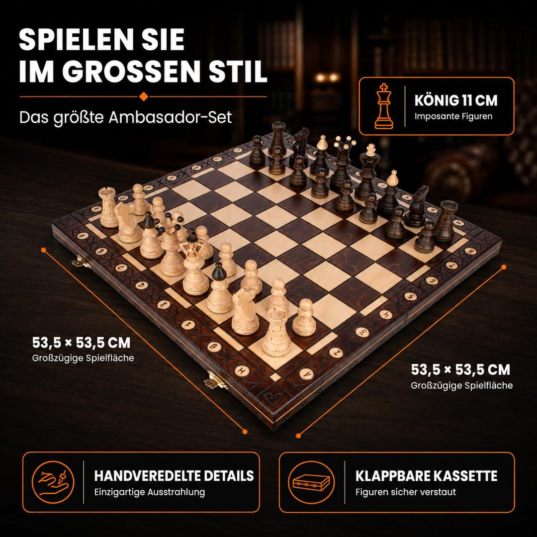 Holzschach Ambassador Klappbar 53,5 x 53,5 cm mit 11 cm König | Handgeschnitzte Figuren, Metallschli