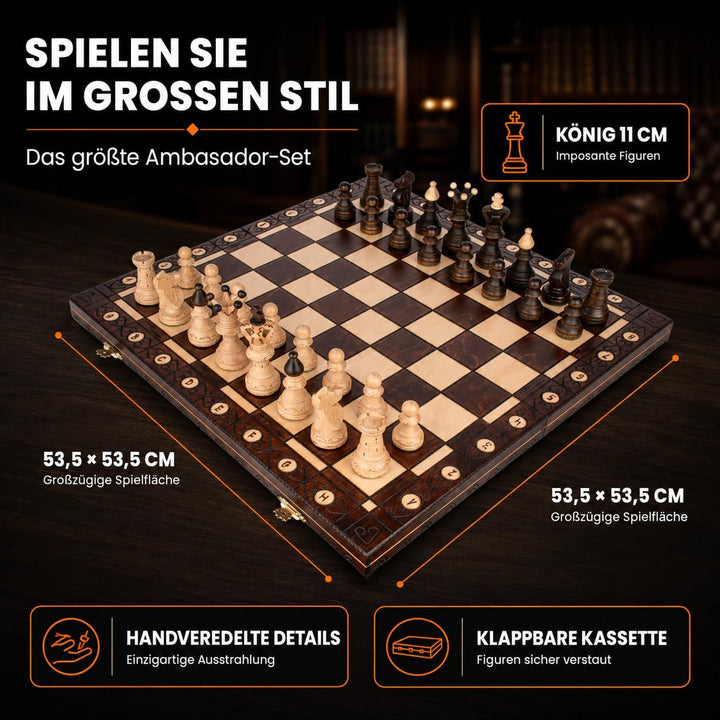 Holzschach Ambassador Klappbar 53,5 x 53,5 cm mit 11 cm König | Handgeschnitzte Figuren, Metallschli