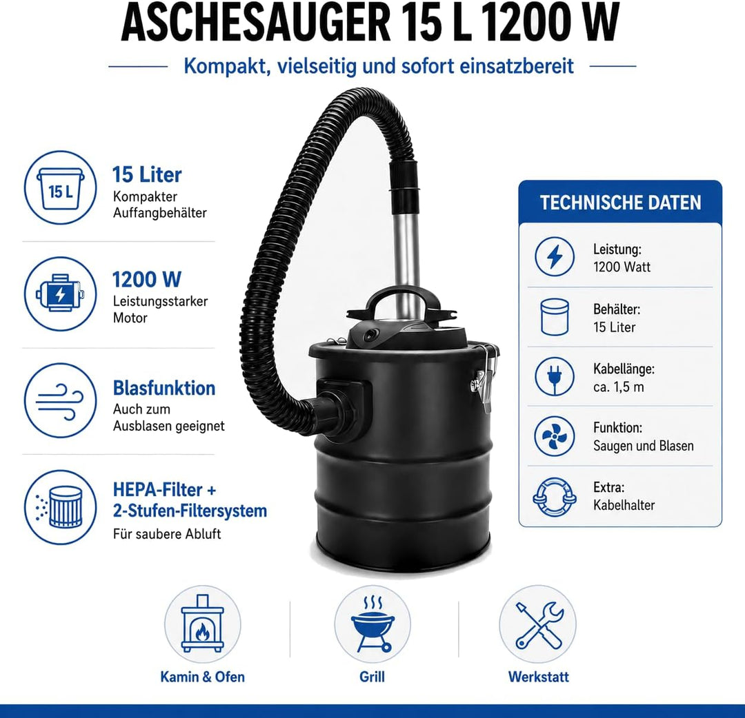 Sellnet Aschesauger 1200W Kaminsauger 15L Blasfunktion DUAL Filter System (SN119)