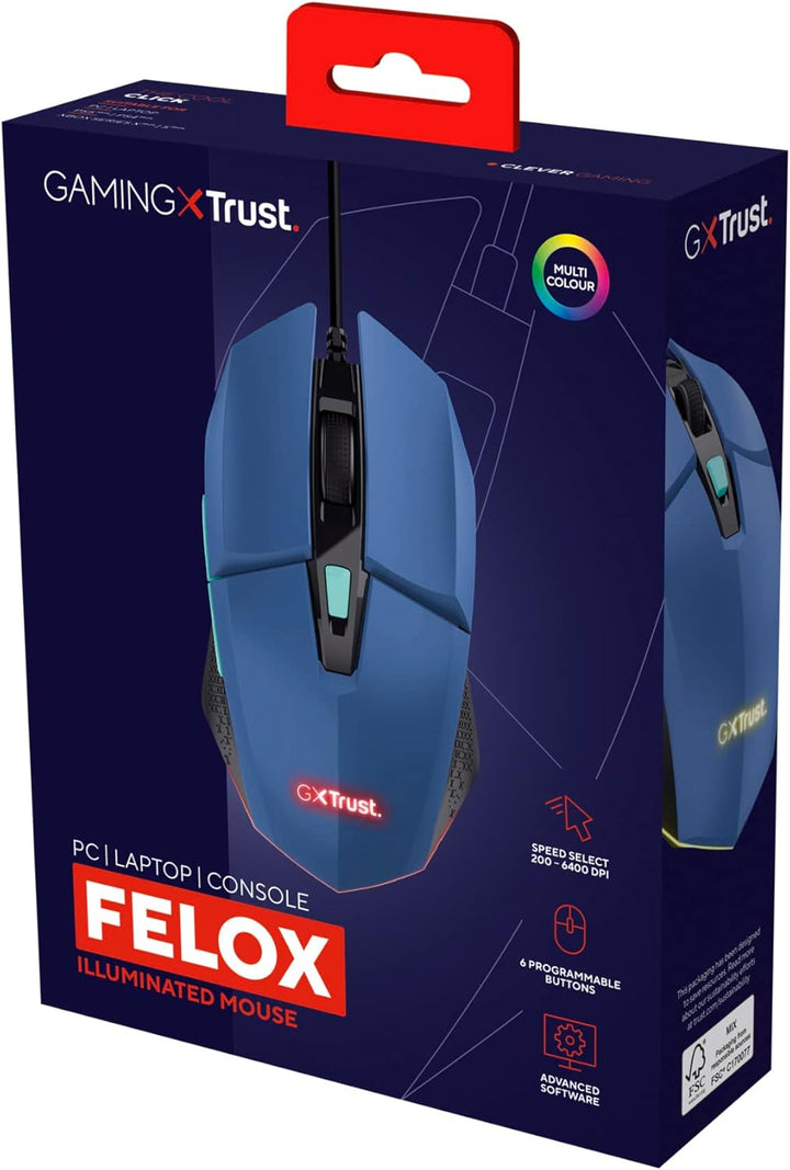 Trust Gaming GXT 109B Felox Gaming Maus mit 6 Programmierbare Tasten, Mehrfarbige LED-Beleuchtung, 2