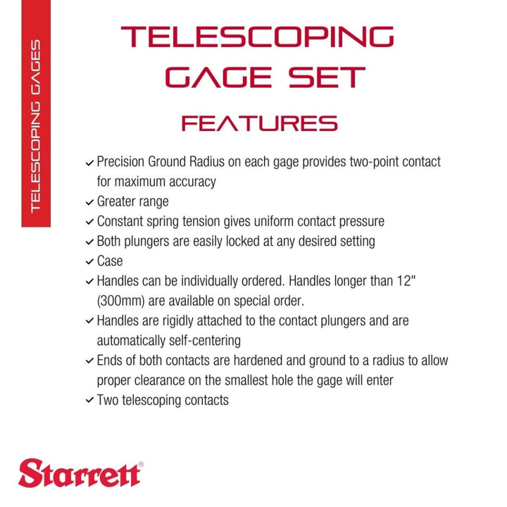 Starrett S579GZ Selbstzentrierende Teleskoplehre mit 2 Teleskoparmen, Bereich 5/16" - 2-1/8", Griffl