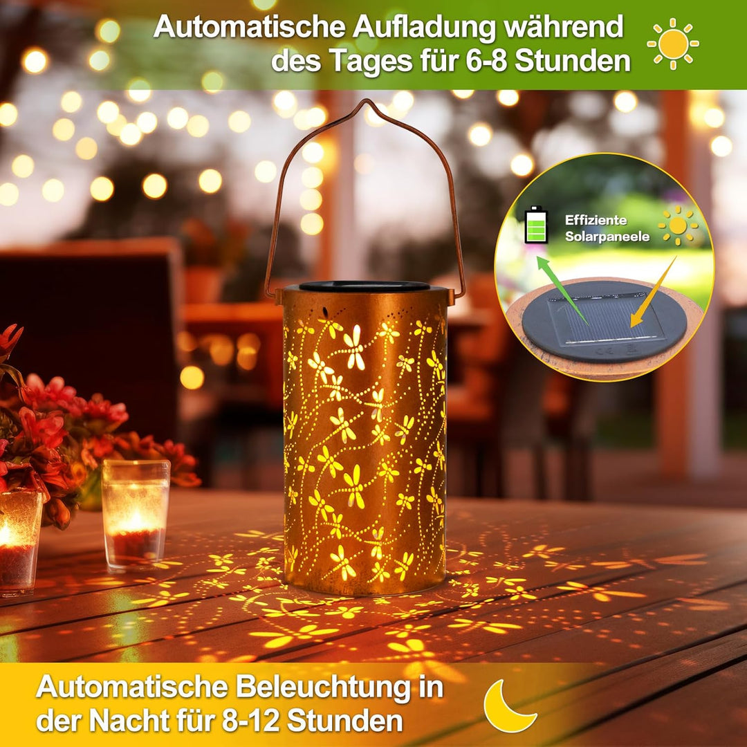 Solar Laternen Outdoor Hängelaternen, Libelle ausgehöhlte Metall-Dekolaterne, wasserdichte LED Dekol