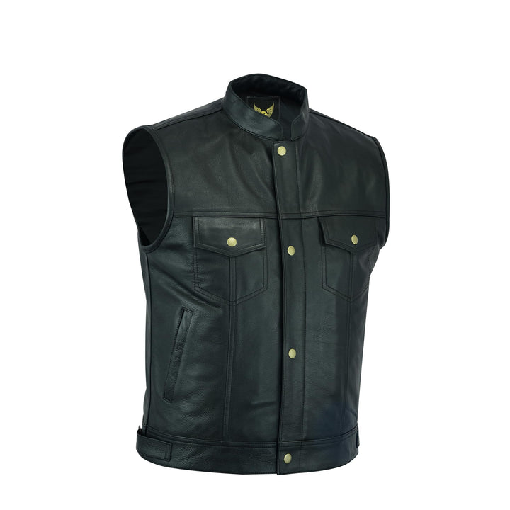 Leatherick Herren Biker Weste aus echtem Leder mit offenen Knöpfen für Reiten und modische Weste (2X