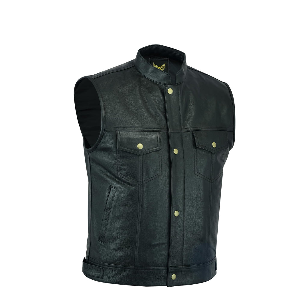 Leatherick Herren Biker Weste aus echtem Leder mit offenen Knöpfen für Reiten und modische Weste (5X