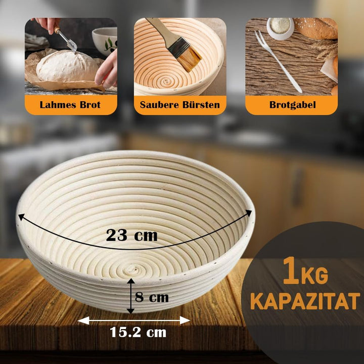 Premium Gärkörbchen Set für Perfektes Brotbacken – Inklusive Rundes Brotkorb Gärkorb 23cm aus Rattan