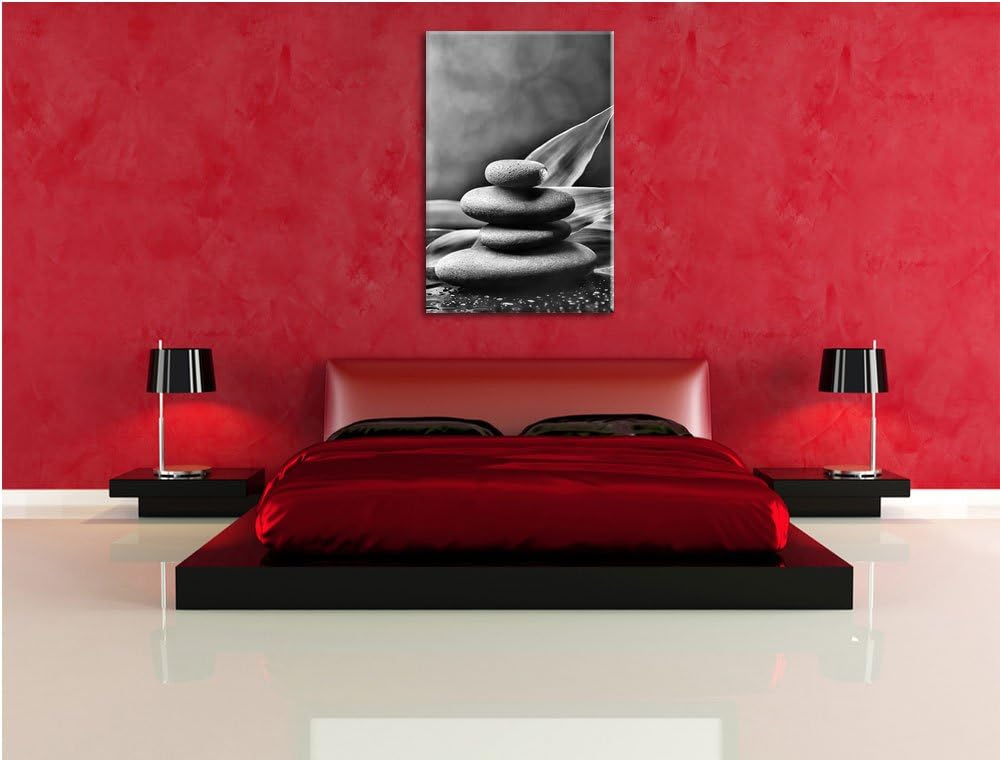 Pixxprint Monocrome, Zen Steine mit Blättern, Format: 100x70 auf Leinwand, 100x70