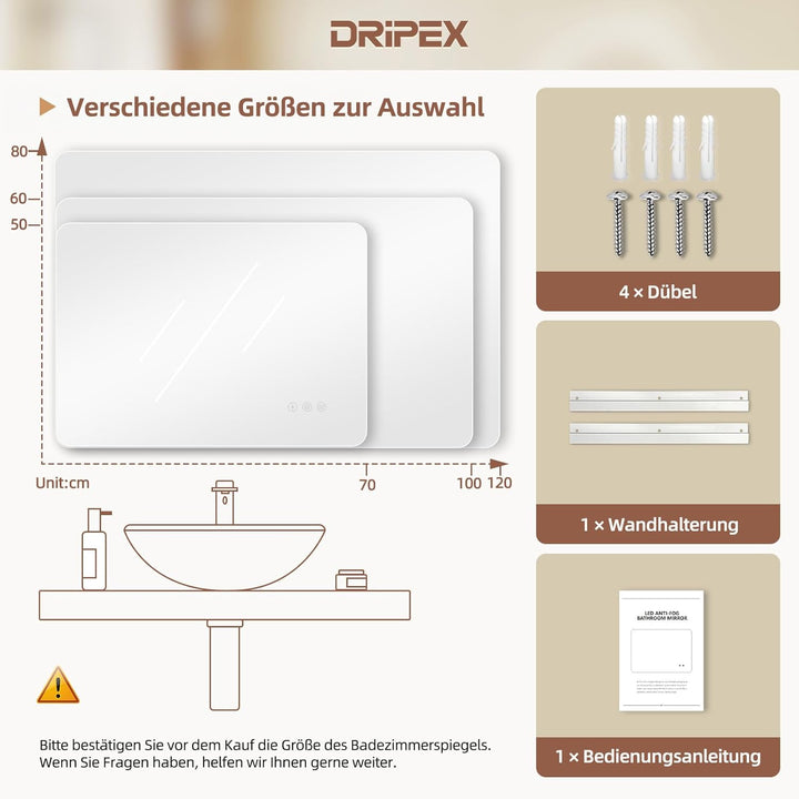 Badezimmerspiegel Led Badspiegel, Rechteckig, Touch-Schalter, Dimmbar, 3 Lichtfarbe Einstellbare Spi