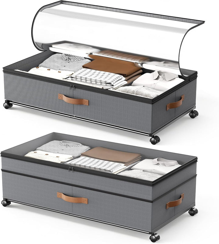 2 Stück Unterbett Aufbewahrungsbox 72L, Unterbettkommode Bettkasten mit Rollen 360°Drehung& PVC deck
