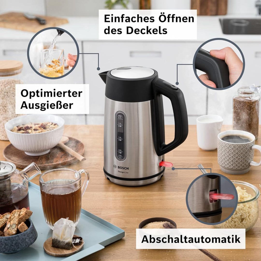 Bosch kabelloser Wasserkocher DesignLine TWK4P440, Ausgiessen ohne Spritzer, Tassenanzeige, Wasserst