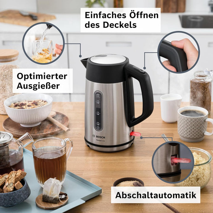 Bosch kabelloser Wasserkocher DesignLine TWK4P440, Ausgiessen ohne Spritzer, Tassenanzeige, Wasserst