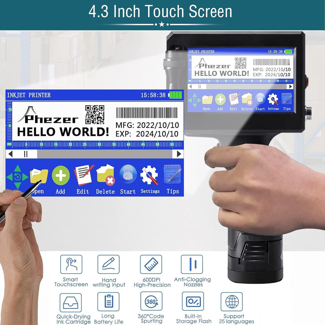 Phezer 0,5 Zoll P15 mobiler Handdrucker mit PS100 Quick-Dry Tinte, tragbarer Tintenstrahldrucker für