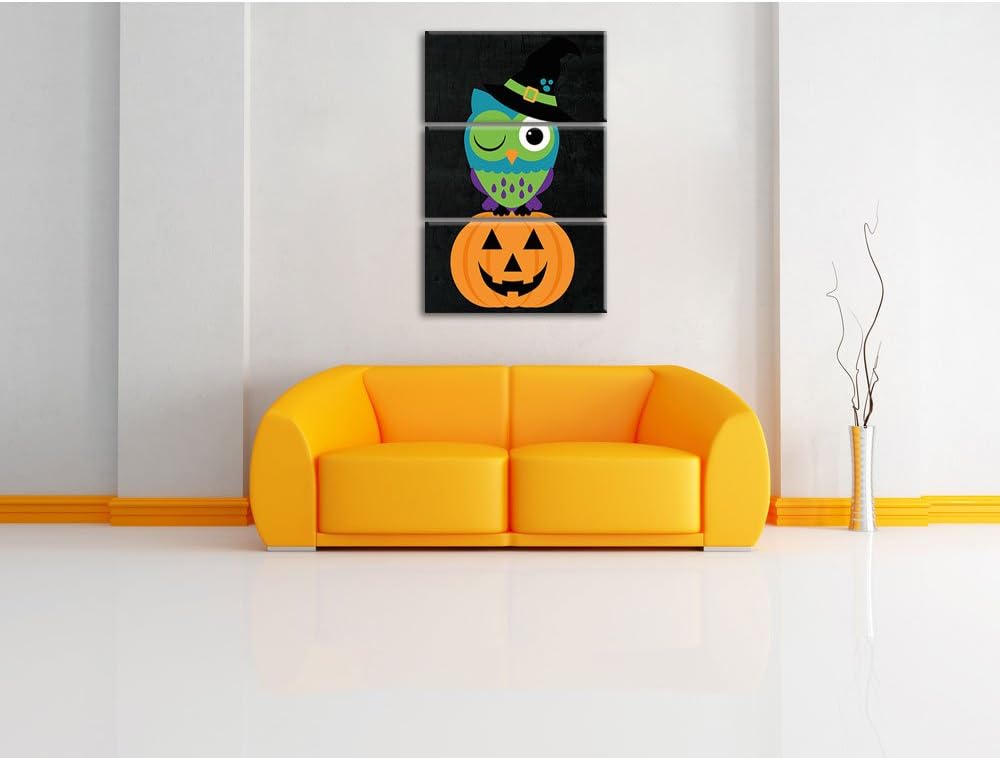 Pixxprint Lustige Hexen Eule als Leinwandbild/Grösse: 3 Teilig (120x80) cm/Wandbild/Kunstdruck/ferti