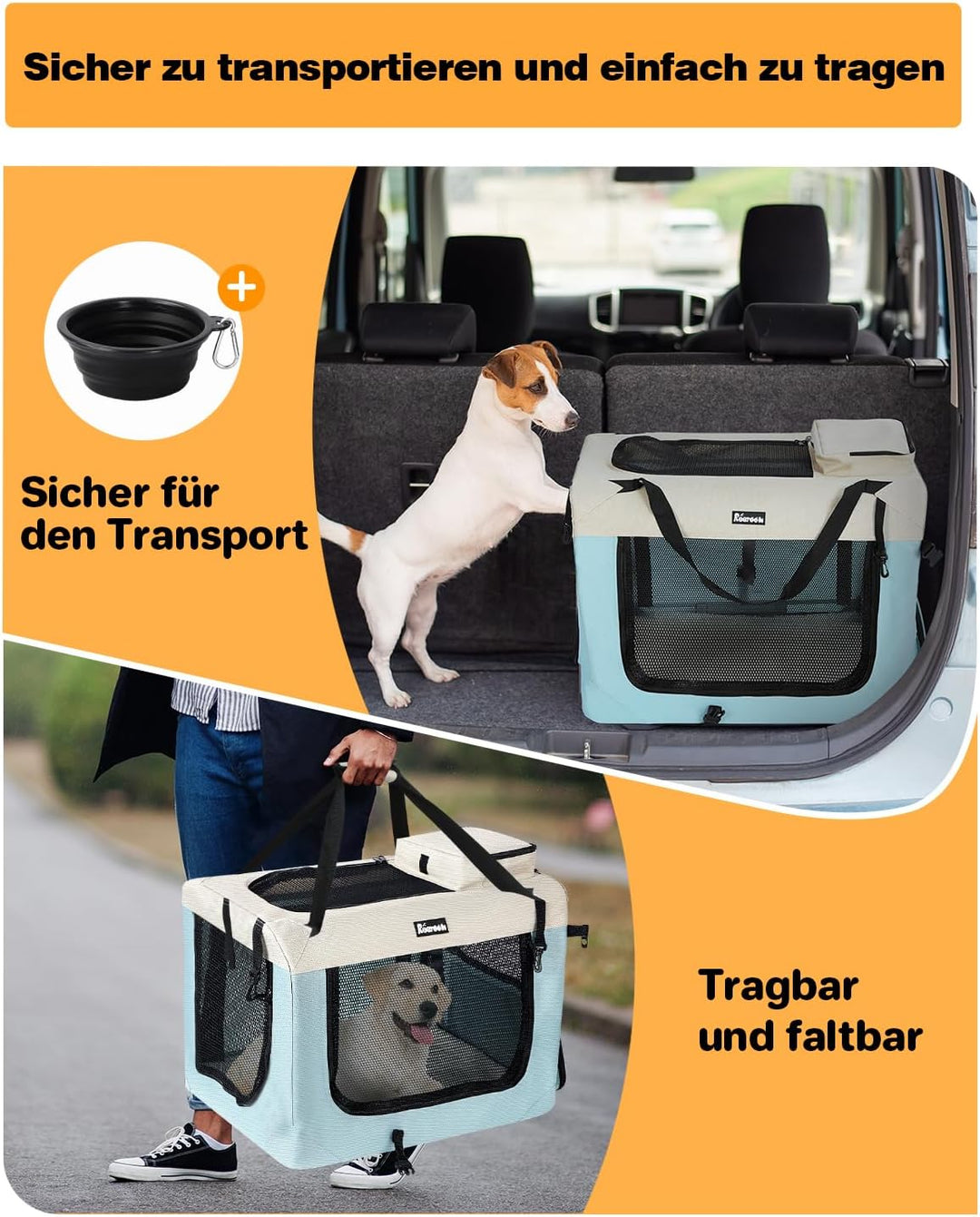 Reerooh Hundebox L 70x52x52cm, Faltbar Hundetransportbox Inkl.Hundenapf, Tragbare Hundetasche für Re