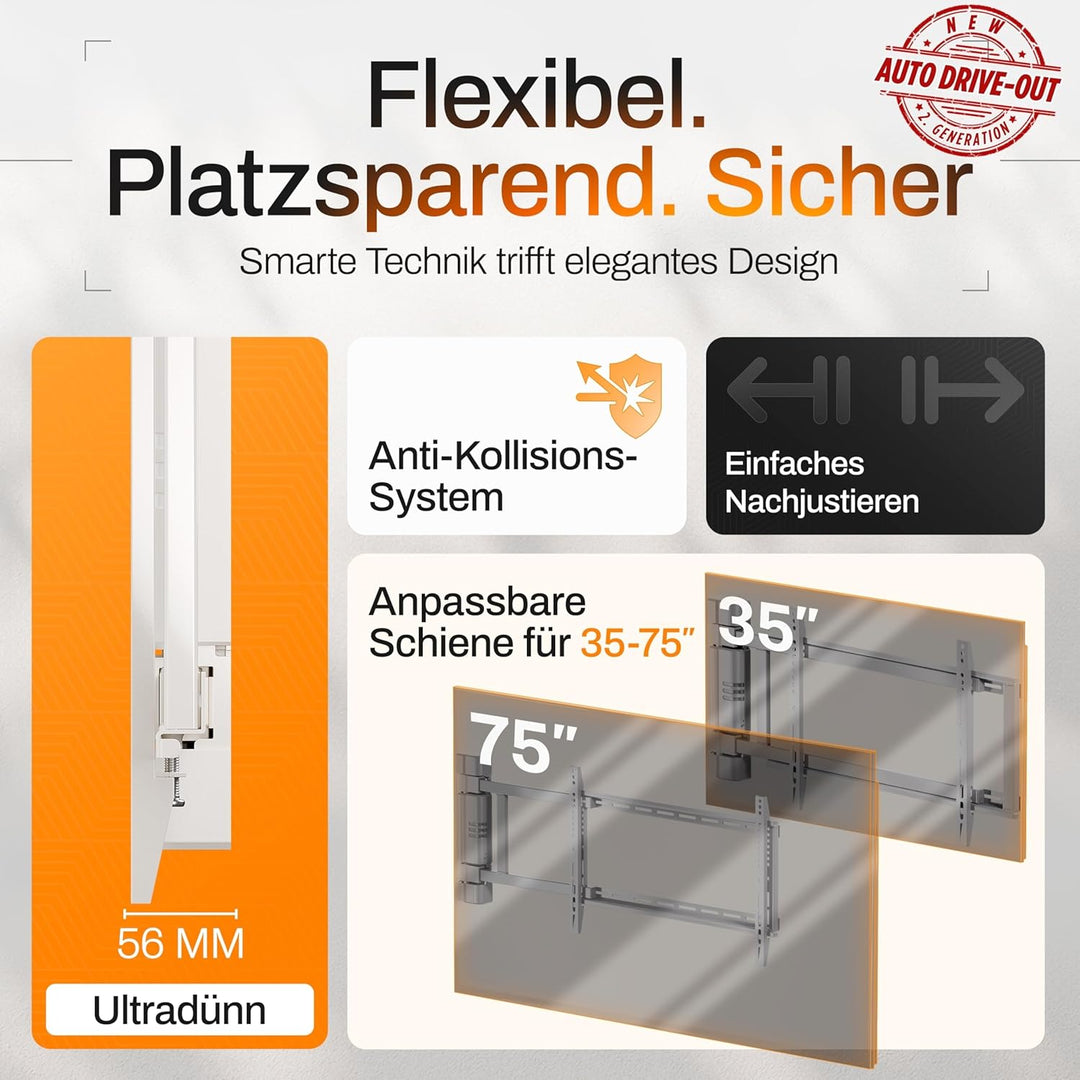 EasyLife – Elektrische, Schwenkbare TV-Wandhalterung mit Auto-Drive-Out, Ultraschlank 56mm, leiser M