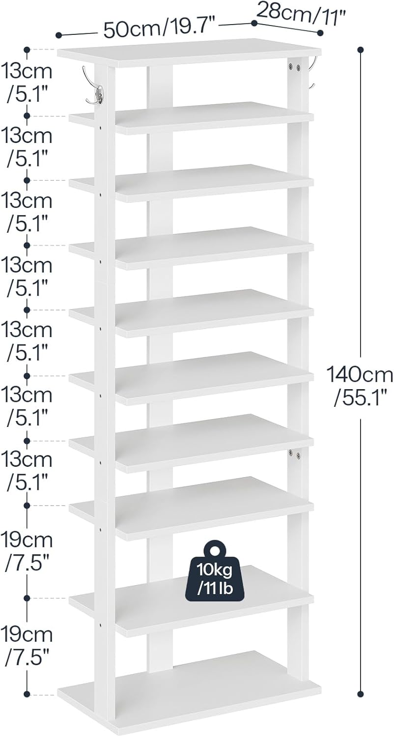 HOOBRO 10-lagiges Schuhregal, schmales Schuhablage, 50 cm Schuhschrank mit 2 Haken, Ablagegestelle,