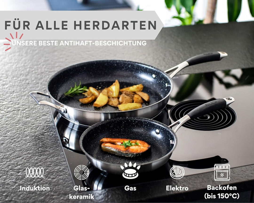 DIVORY Edelstahl Pfanne 32 cm Induktion I Antihaft beschichtete grosse Bratpfanne für alle Herdarten
