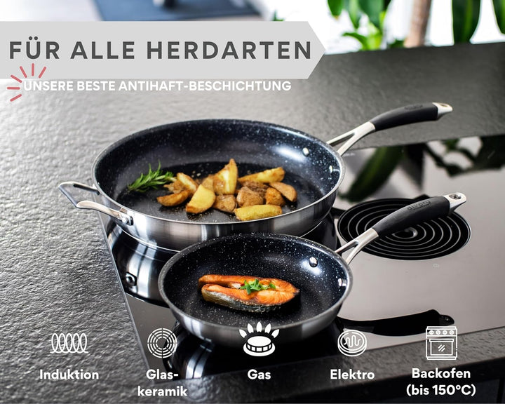 DIVORY Edelstahl Pfanne 32 cm Induktion I Antihaft beschichtete grosse Bratpfanne für alle Herdarten