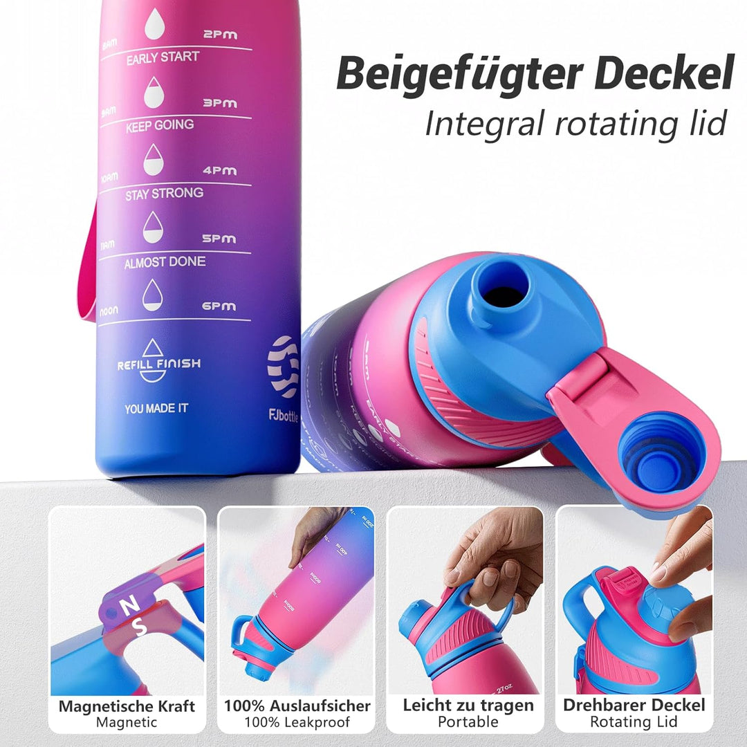 Fjbottle Trinkflasche 1L/710ML + Sieb – Sport Wasserflasche mit Zeitmarkierung/Magnetdeckel - BPA-fr