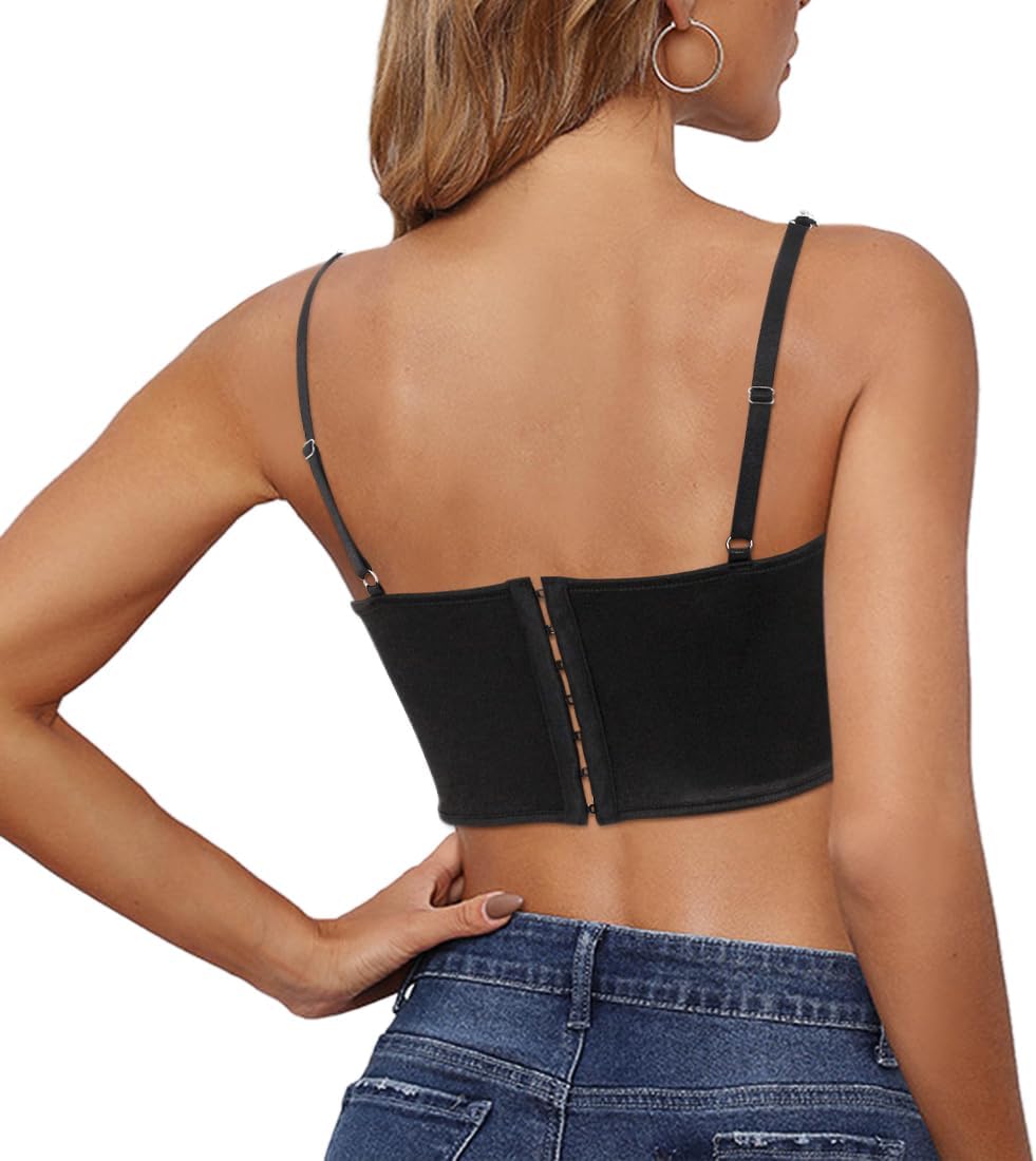 Naimo Damen Seide Satin Top Strass Korsett Bustier Cami Sexy Ärmellos Spaghettiträger Crop Tank Top