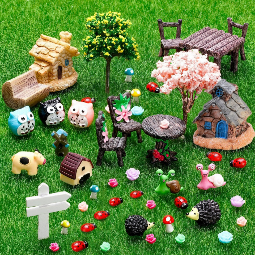 Skylety 64 Stück Feengarten Zubehör Miniatur Deko Garten Wichtel Frühling Zubehör Mini Tiere Figuren