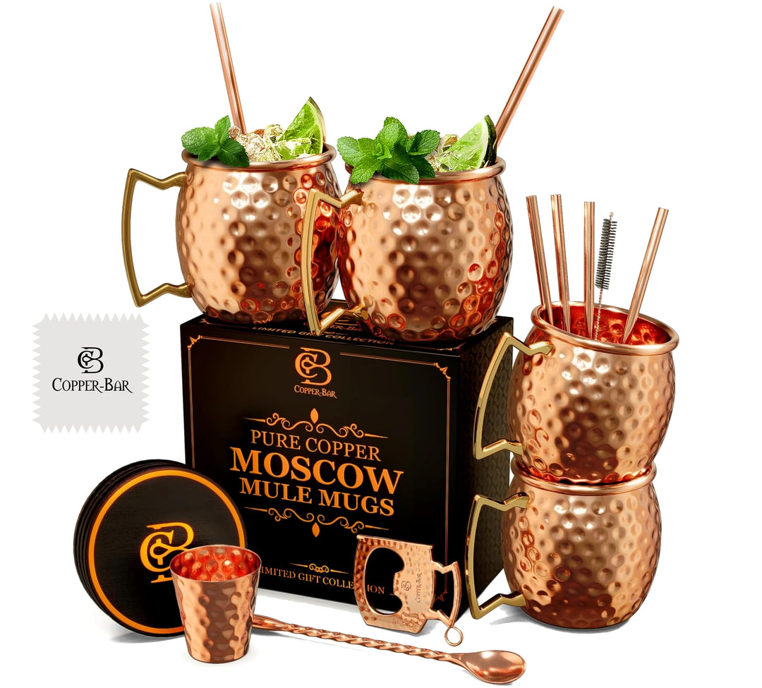 Copper-Bar Moscow Mule Kupferbecher | 4er-Set gehämmerter Becher | 100% HANDGEFERTIGT aus reinem Kup