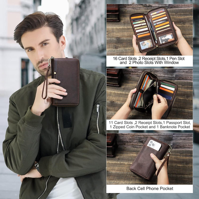 CONTACTS Herren Clutch Handtasche RFID-Schutz,Vollnarbenleder Reissverschluss-Passport Wallet,Busine